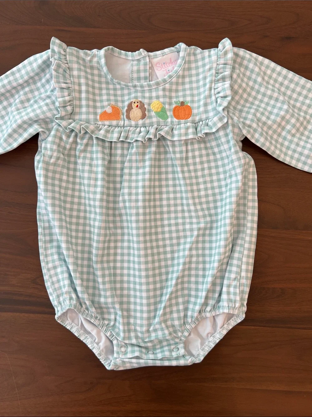 Stitch Fish Mint Gingham Baby Romper with Harvest Embroidery, 24 months